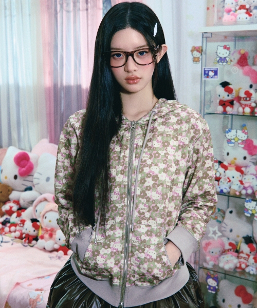 HELLO KITTY PATTERN ZIP UP HOODIE [KHAKI]