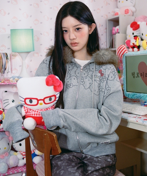 HELLO KITTY FUR ZIP UP HOODIE [MELANGE GREY]