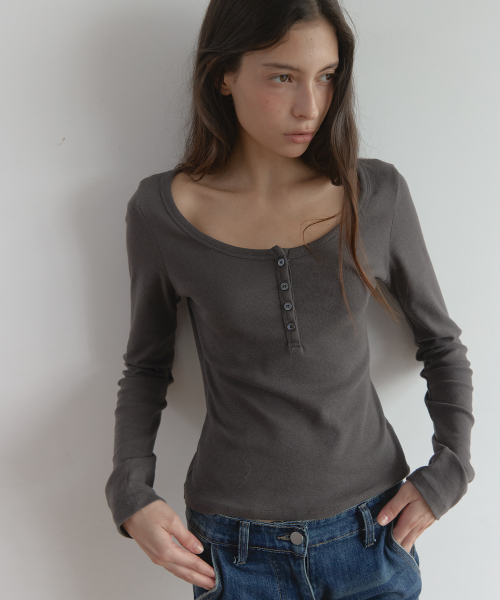COTTON HENLEY LONG SLEEVE T (CHARCOAL)
