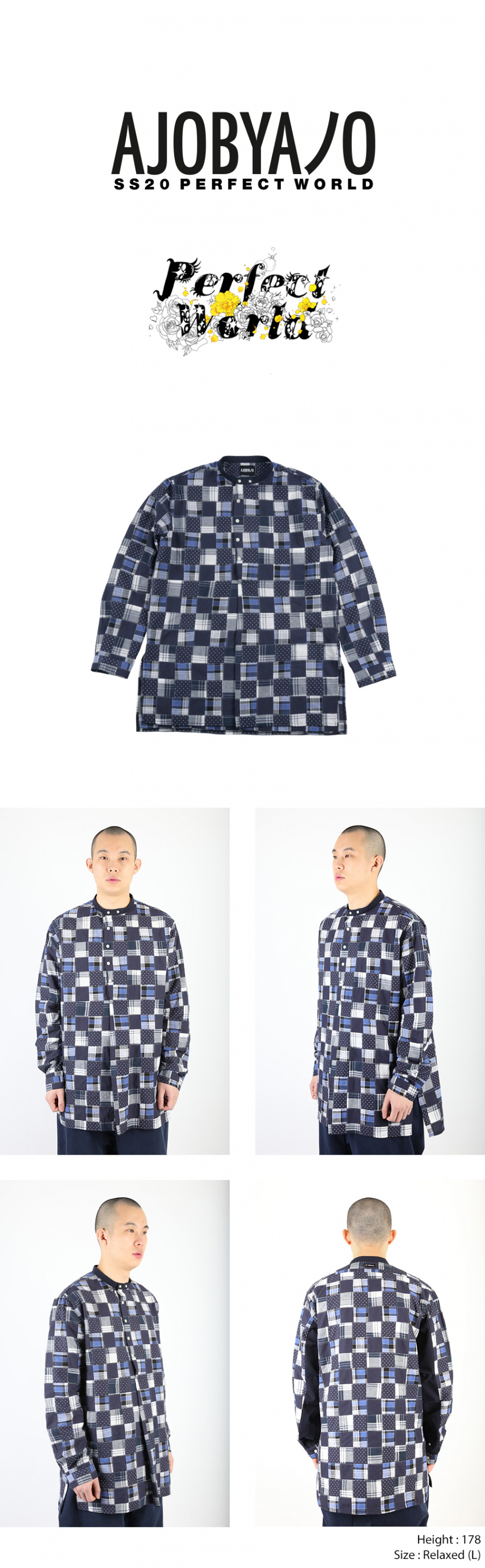 아조바이아조(AJOBYAJO) Pattern Mixed China Collar Shirt [Navy