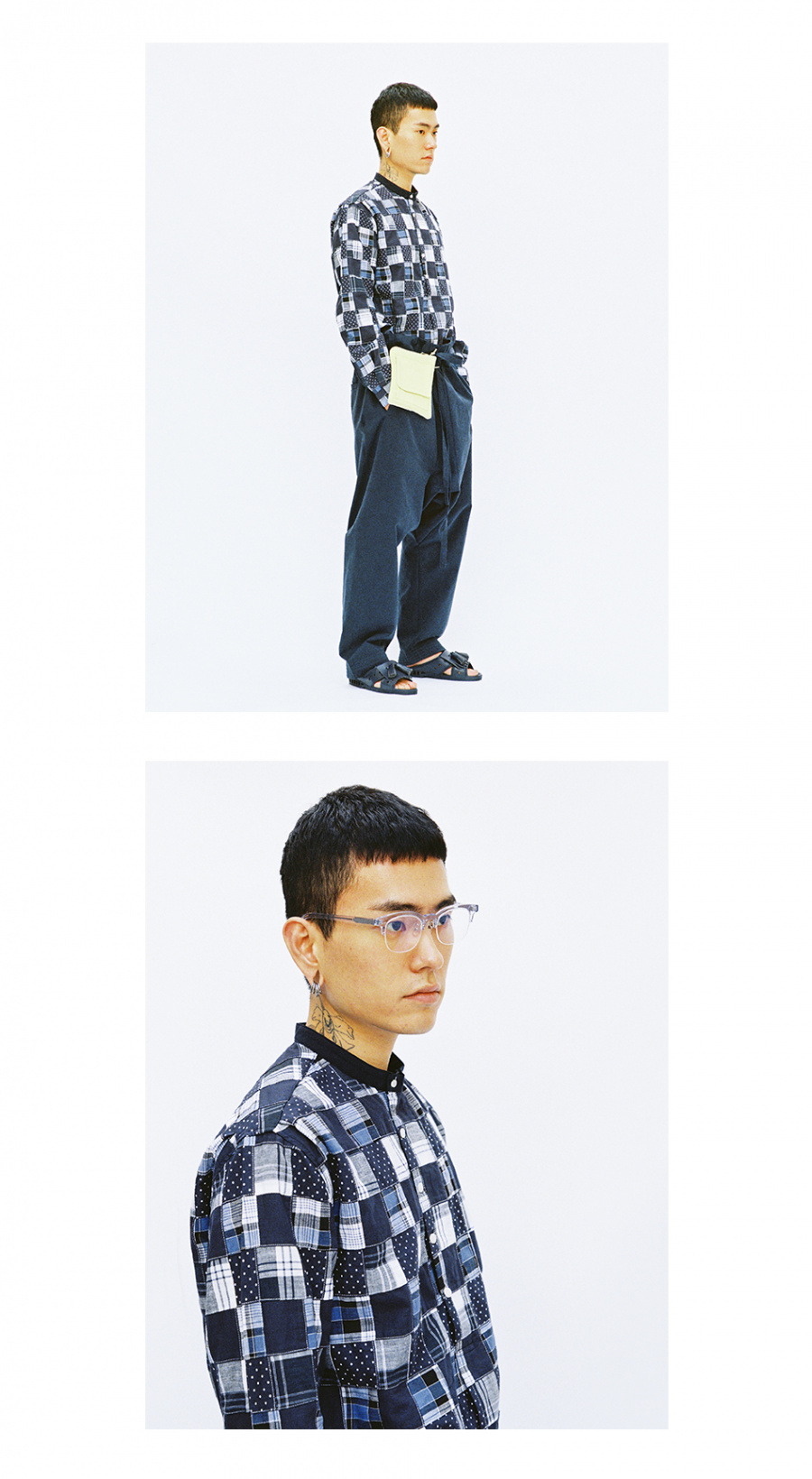 아조바이아조(AJOBYAJO) Pattern Mixed China Collar Shirt [Navy