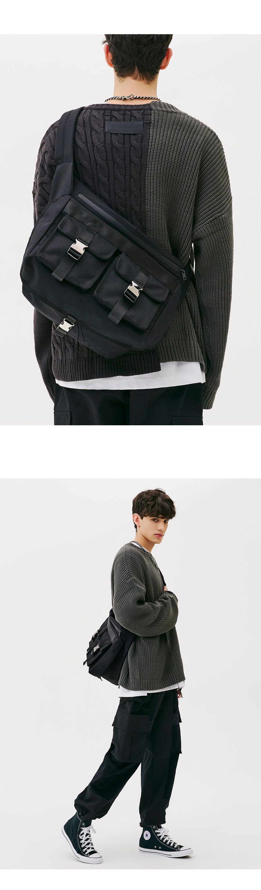 MUSINSA公式 | TRILLION TWO BUCKLE MESSENGER BAG (BLACK)