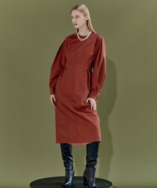 VOLUME SLEEVE TUCK DRESS - ORANGE