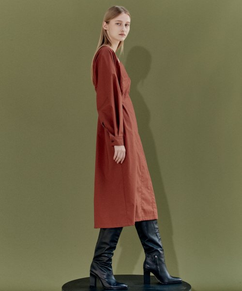 VOLUME SLEEVE TUCK DRESS - ORANGE
