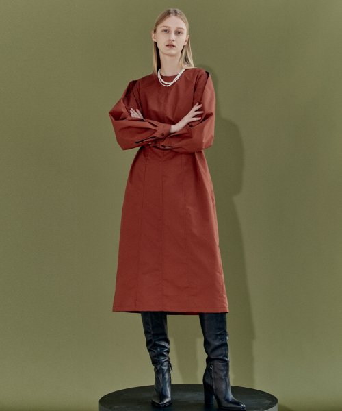 VOLUME SLEEVE TUCK DRESS - ORANGE