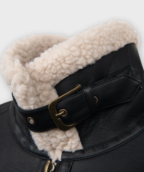 Overfit Leather Fleece Womens Mouton Mustang Jacket [BLACK]