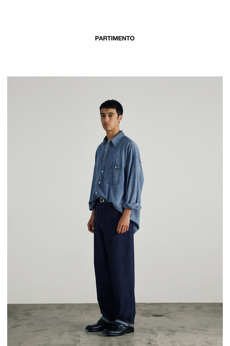 【PARTIMENTO】Stone Washing Denim A-Line Overfit Half Shirts PARTIMENTO】☆Stone Washing Denim Boxy Overfit Half Shirts