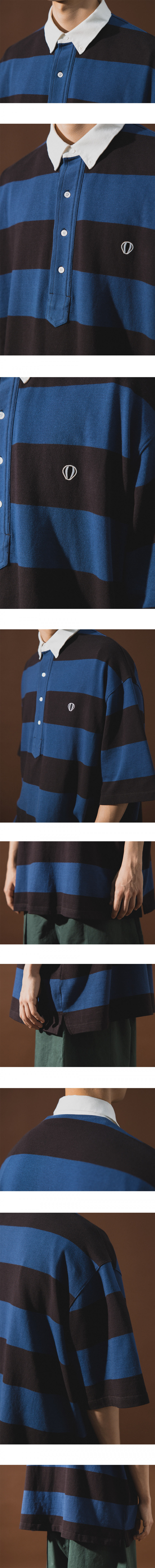 앵글런(ANGLAN) Stripe Wappen PK Half Shirt -Blue & Grey - 사이즈