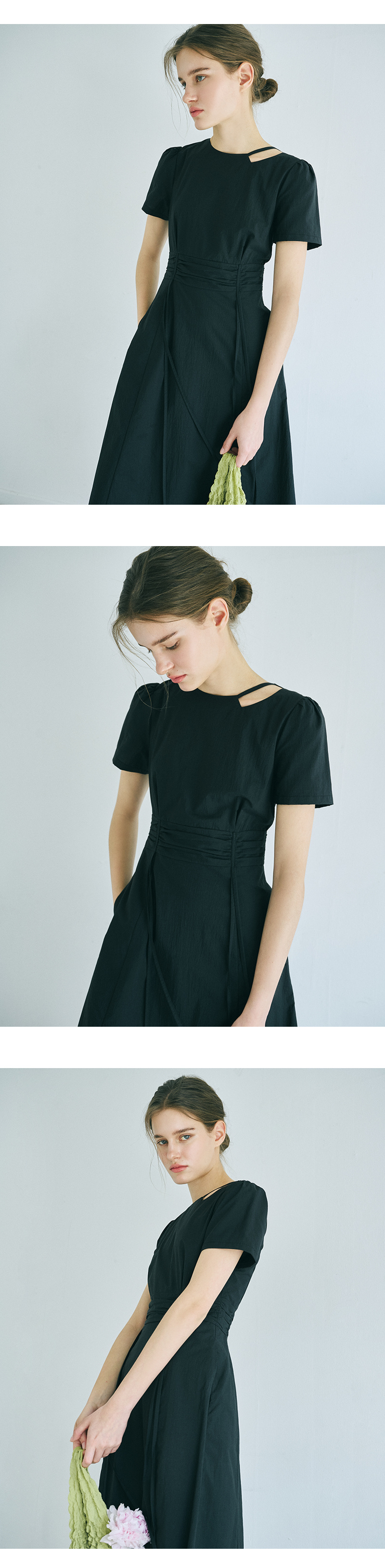 ワンピース ETMON Neck CutOut Shirring Dress, Black 에트몽(ETMON) Neck Cut-Out Shirring Dress Black - 사이즈