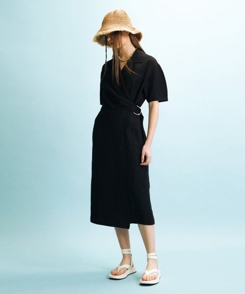 SHIRRED WRAP DRESS - BLACK