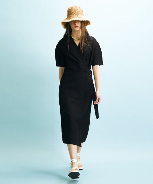 SHIRRED WRAP DRESS - BLACK