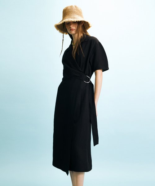 SHIRRED WRAP DRESS - BLACK