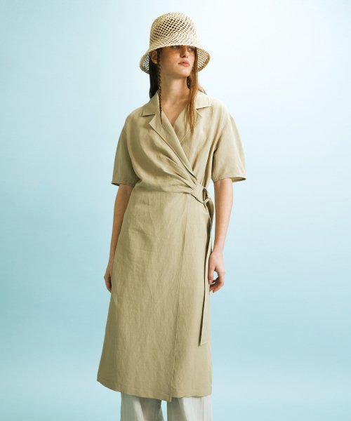 SHIRRED WRAP DRESS - KHAKI