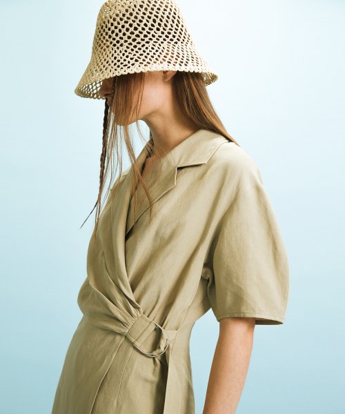 SHIRRED WRAP DRESS - KHAKI