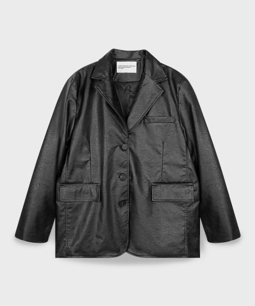 Vegan Crack Overfit Single Button Blazer Leather Jacket [BLACK]