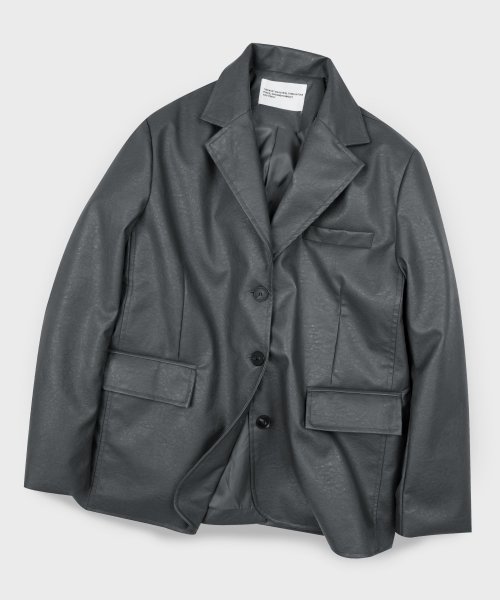 Vegan Crack Overfit Single Button Blazer Leather Jacket [BLACK]