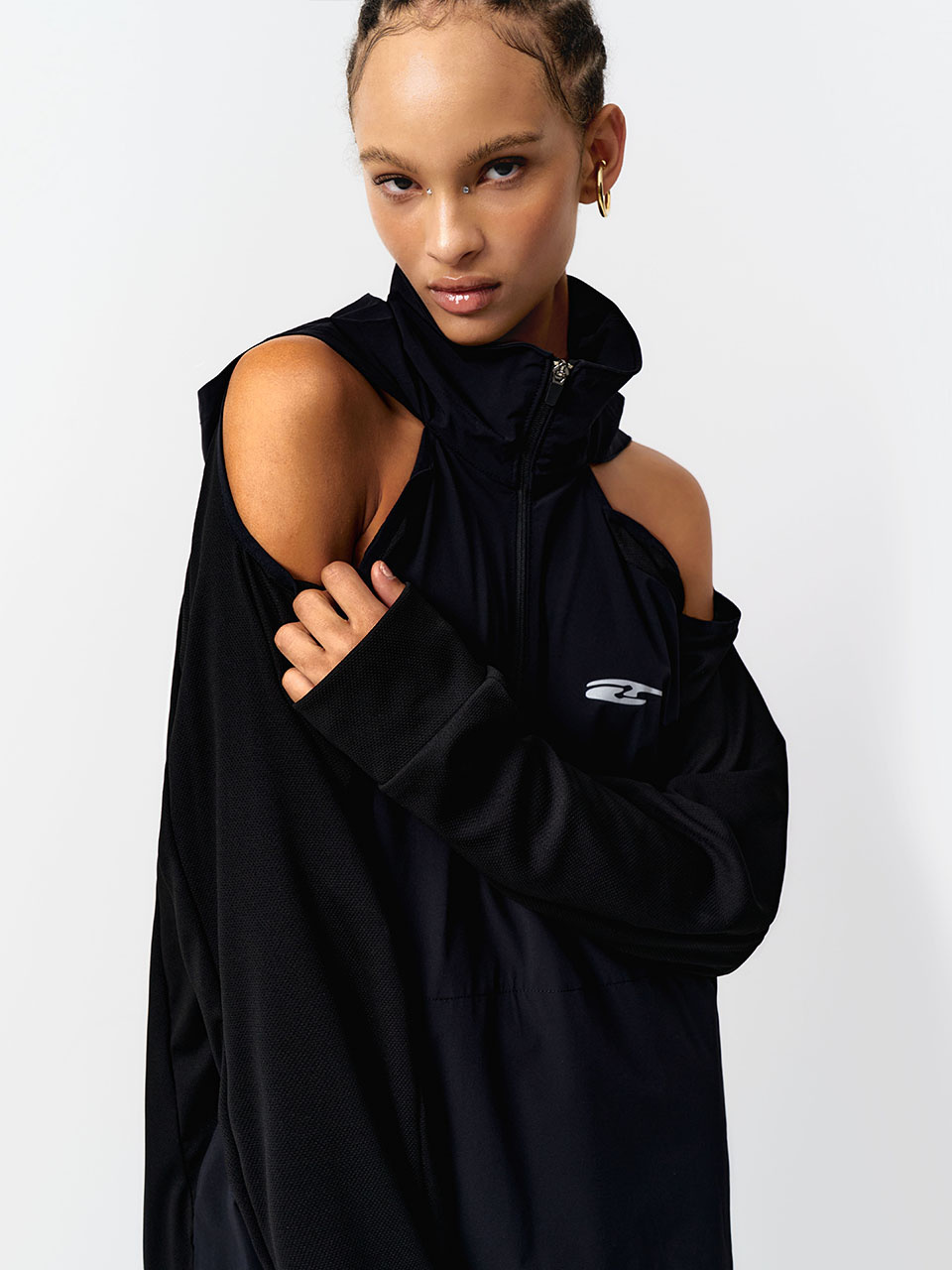 ファッション 【LEEY】SPORTY OPEN SHOULDER HOODED BLACK その他