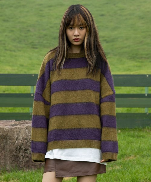 XTK036 알렌 스트라이프 모헤어 니트 (KHAKI/PURPLE)