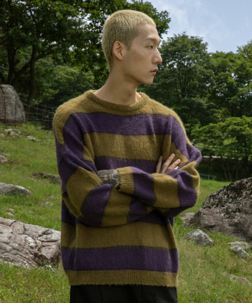 XTK036 알렌 스트라이프 모헤어 니트 (KHAKI/PURPLE)