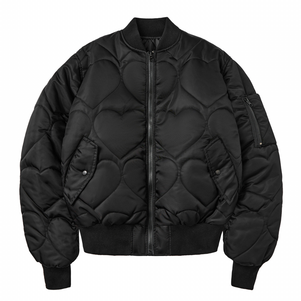 LAUGHER HEART QUILTED MA-1 JACKET - BLACK - MUSINSA