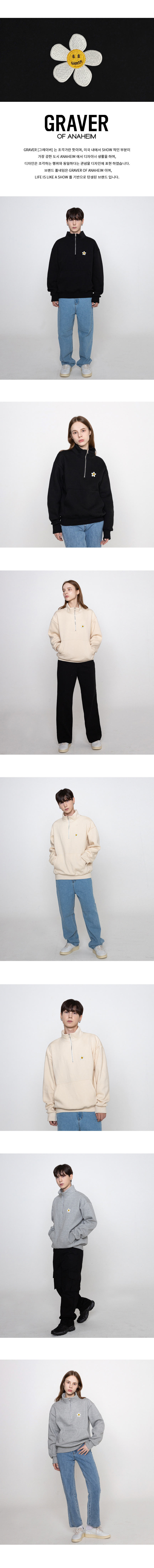 スウェット・トレーナー [GRAVER]FLOWER DOT EMBROIDERY COLLAR HALF ZIP-UP SWEATSHIRT UNISEX] White flower embroidery half zip-up clip Collar