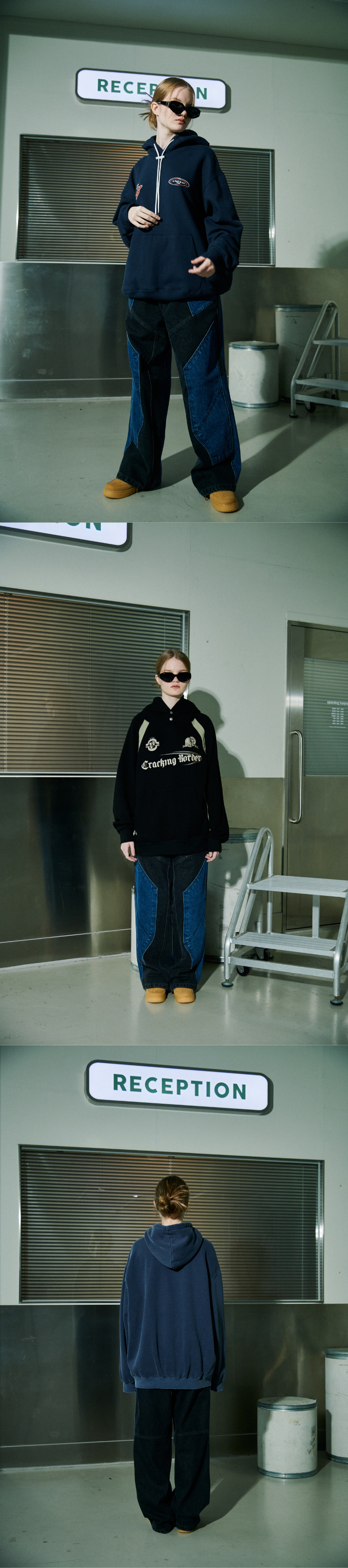 꼼파뇨(CPGN STUDIO) 믹스드 절개 와이드 데님 팬츠 인디고블랙