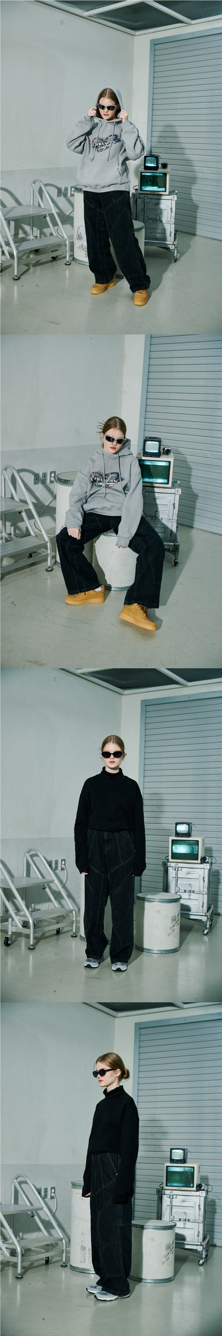 꼼파뇨(CPGN STUDIO) 믹스드 절개 와이드 데님 팬츠 블랙