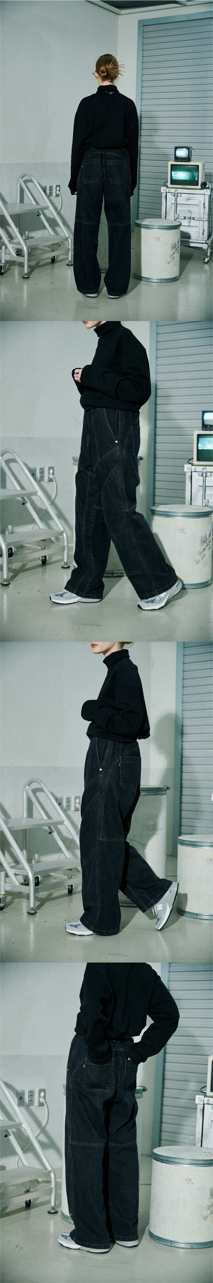 꼼파뇨(CPGN STUDIO) 믹스드 절개 와이드 데님 팬츠 블랙