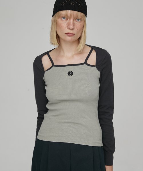 COMBI SLEEVELESS KNIT TOP - KHAKI