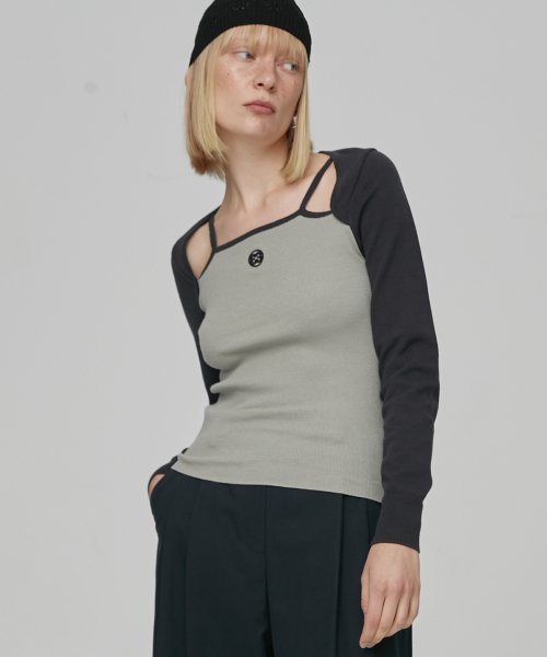 COMBI SLEEVELESS KNIT TOP - KHAKI