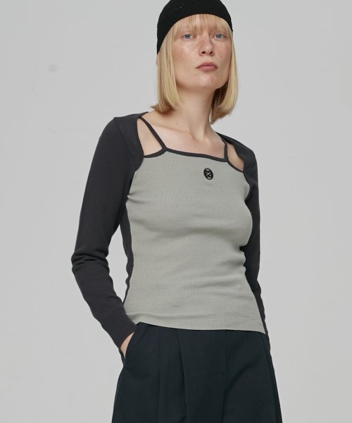 COMBI SLEEVELESS KNIT TOP - KHAKI
