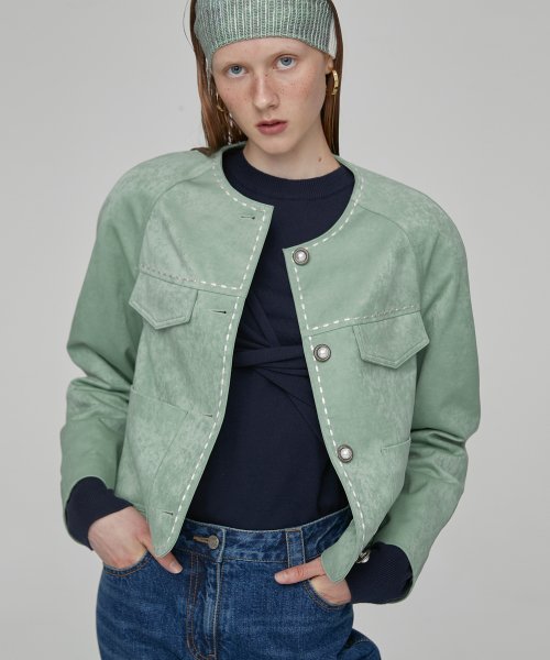 LINE STITCH CROP JACKET - GREEN