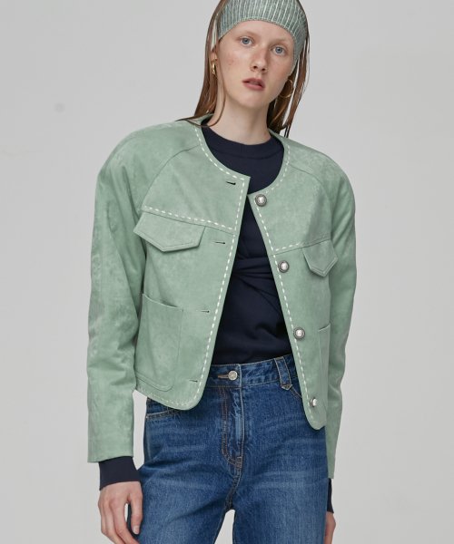 LINE STITCH CROP JACKET - GREEN