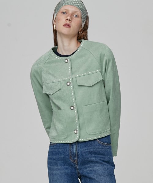 LINE STITCH CROP JACKET - GREEN