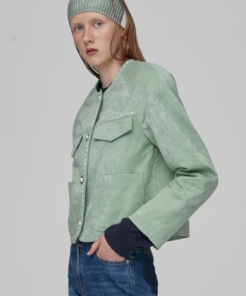 LINE STITCH CROP JACKET - GREEN