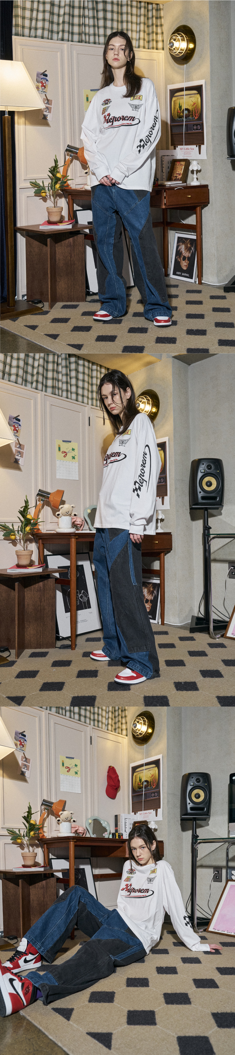 꼼파뇨(CPGN STUDIO) 믹스드 절개 와이드 데님 팬츠 워시드블루