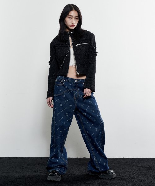 Curved Wide Denim Pants (DEEP BLUE)