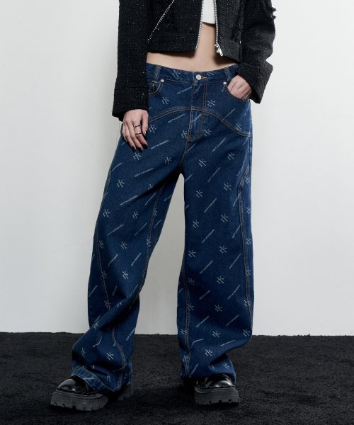 Curved Wide Denim Pants (DEEP BLUE)