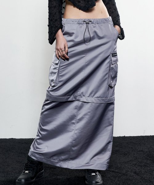 2-Way Satin Maxi Cargo Skirt (STEEL GREY)