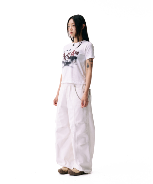 Knee Pin-tuck Printed Denim Pants (White)