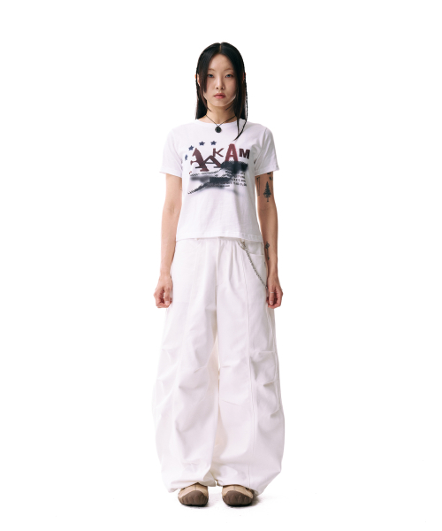 Knee Pin-tuck Printed Denim Pants (White)