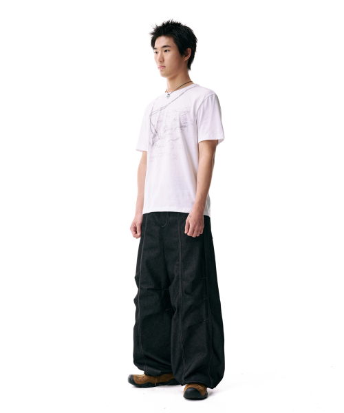 Knee Pin-tuck Printed Denim Pants (Black)