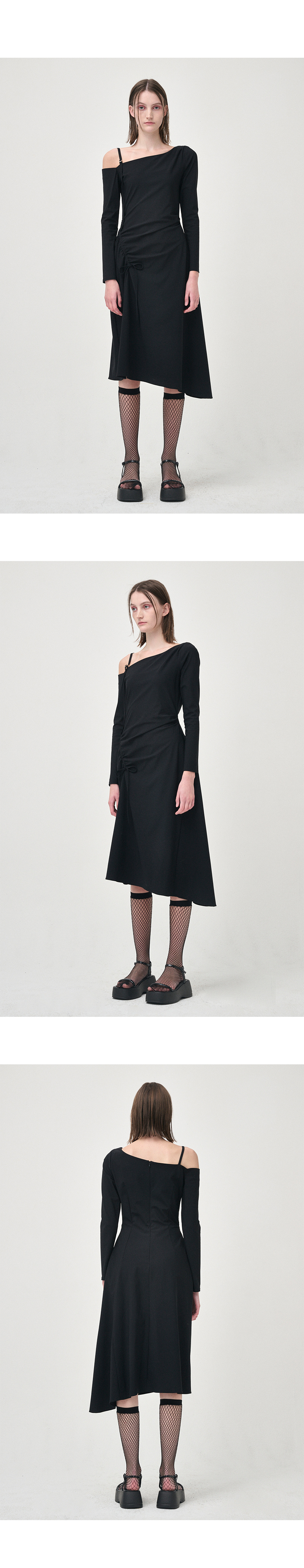 MUSINSA | ETMON One Off Shoulder Shirring Dress, Black
