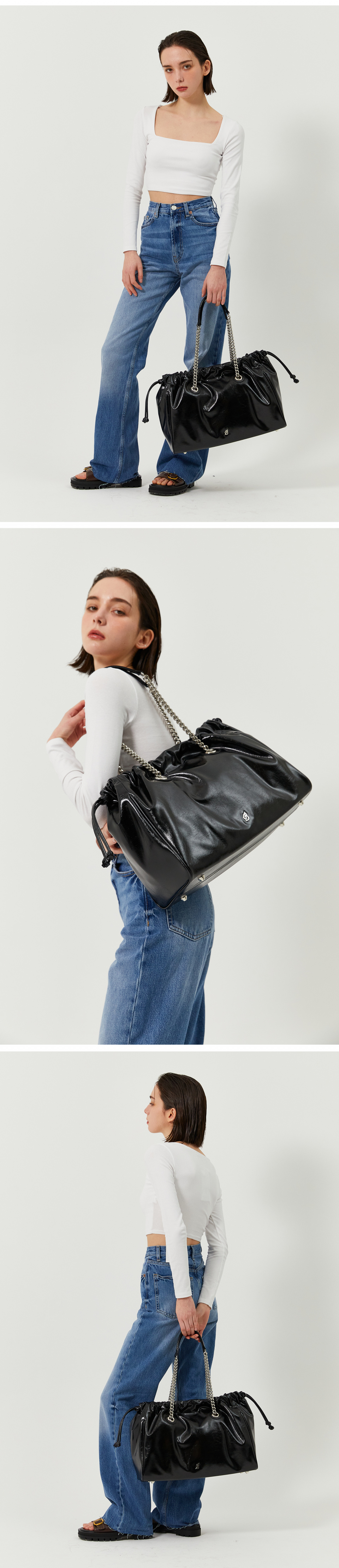 MUSINSA | BADGIGI Chain Square Trowstring Bag Black