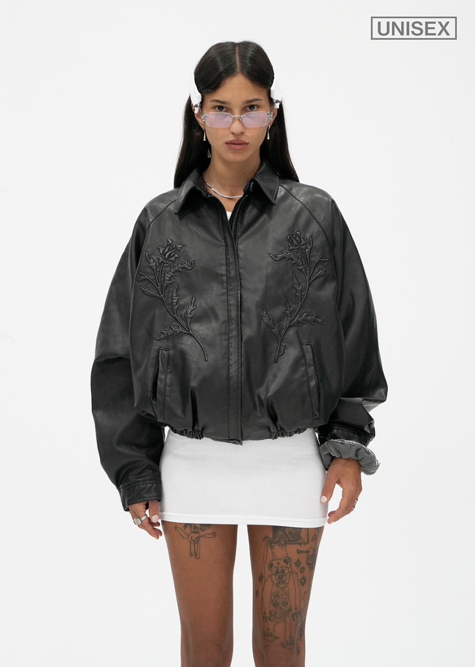 MUSINSA公式 | 604SERVICE ROSES EMBOSSED LEATHER JACKET IN BLACK