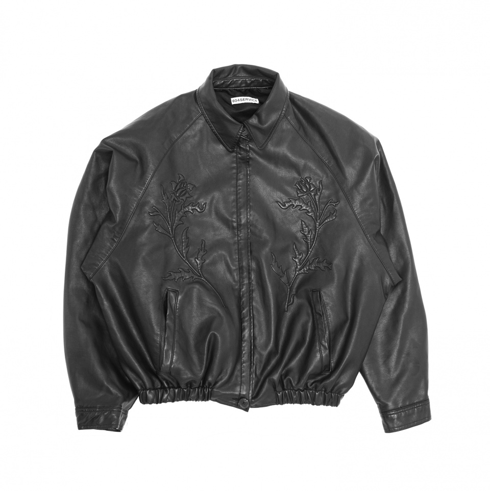 【604SERVICE】EMBROIDERED LEATHER JACKET IN BLACK EmbroideredLeatherJacketinBlac