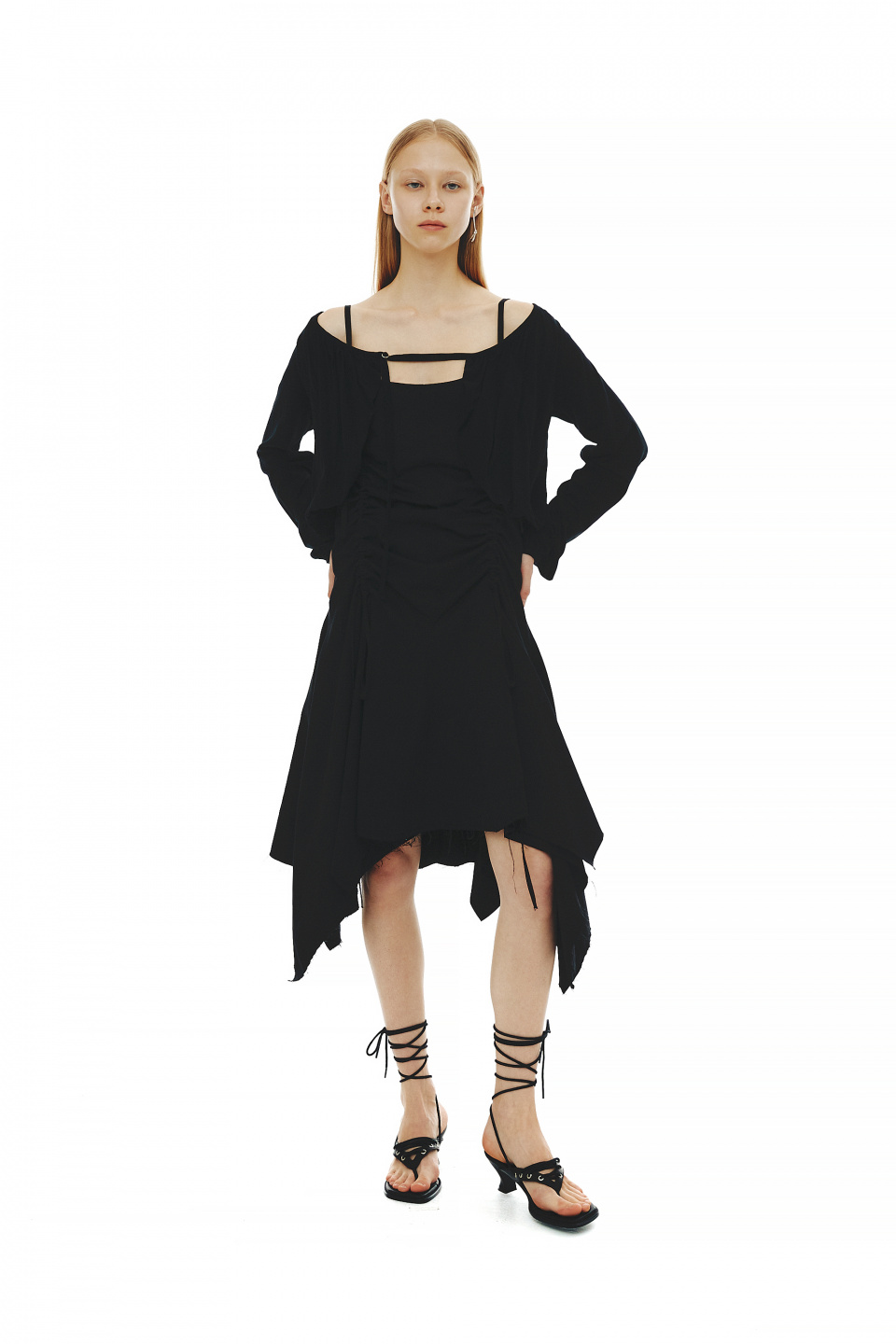 MUSINSA | CERRIC SHIRRING UNBALANCE DRESS / BLACK