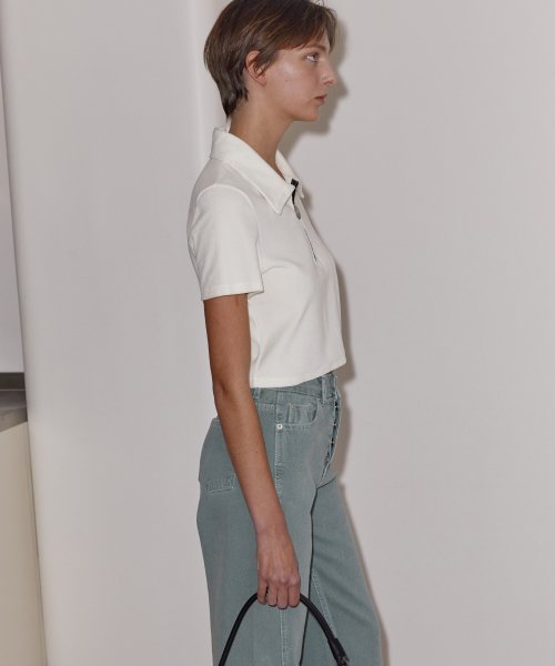 VELOUR ZIP-UP POLO TOP - IVORY