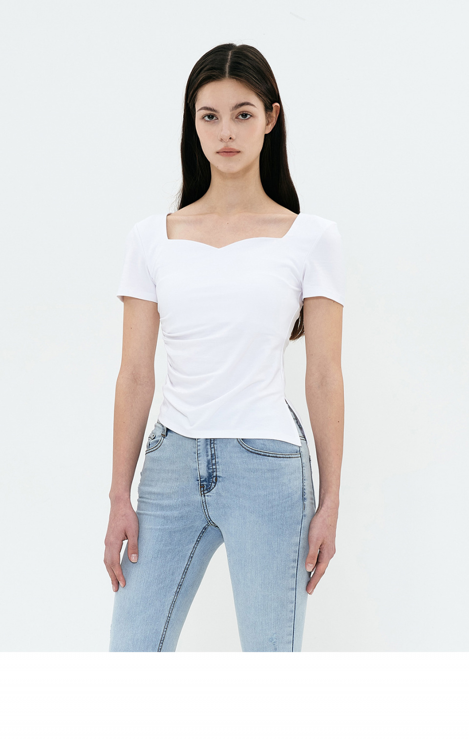 그레이스유(GRACE U) Cindy Heart-Neck Shirring T-Shirts (3 Color)