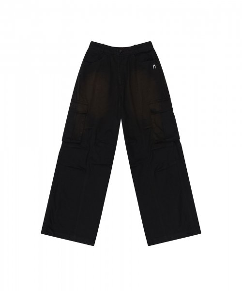 Knee Pin-tuck Wide Cargo Pants (Washed Balck)